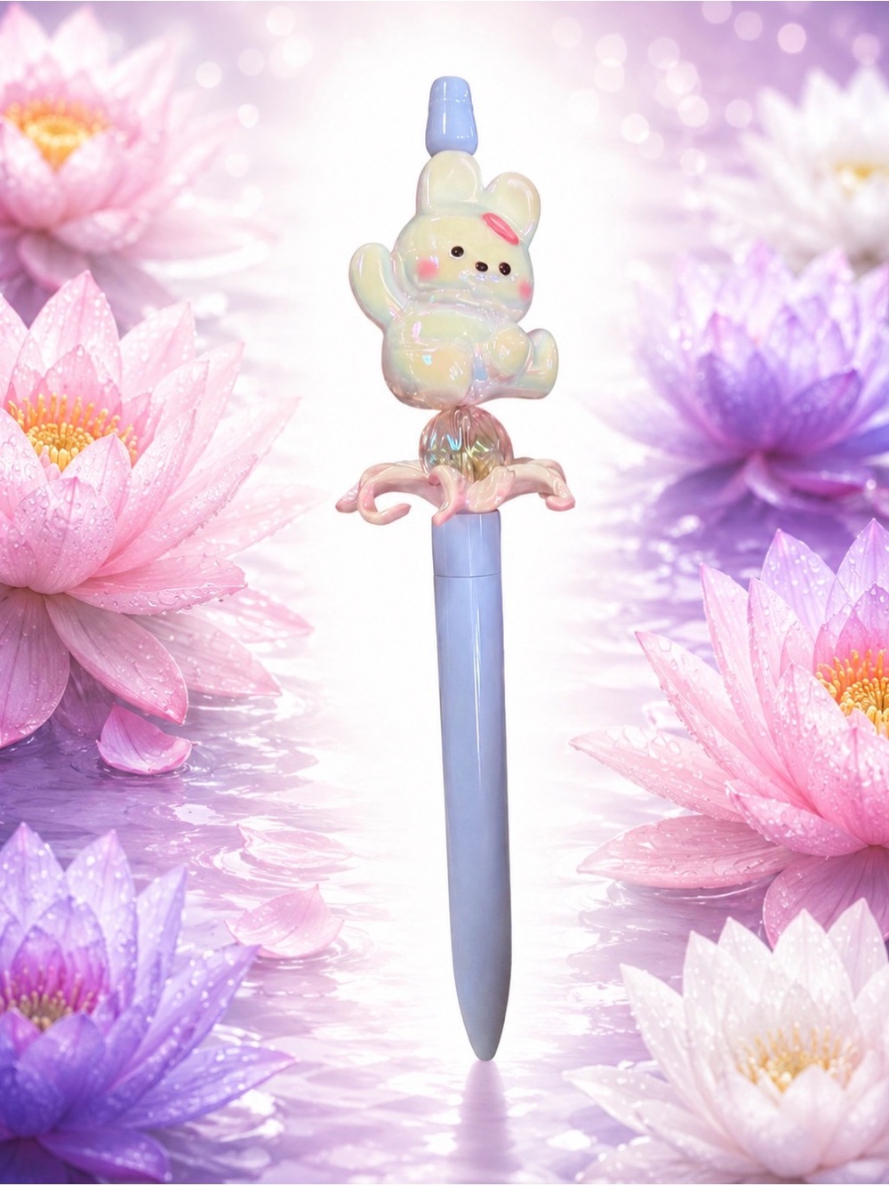 Handmade Pastel Bunny& Lotus Flower Pen in Light Purple